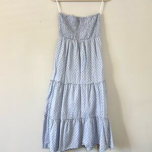 Sim & Sam Strapless Smocked Midi Dress Blue Polka Dot Tiered Dress
